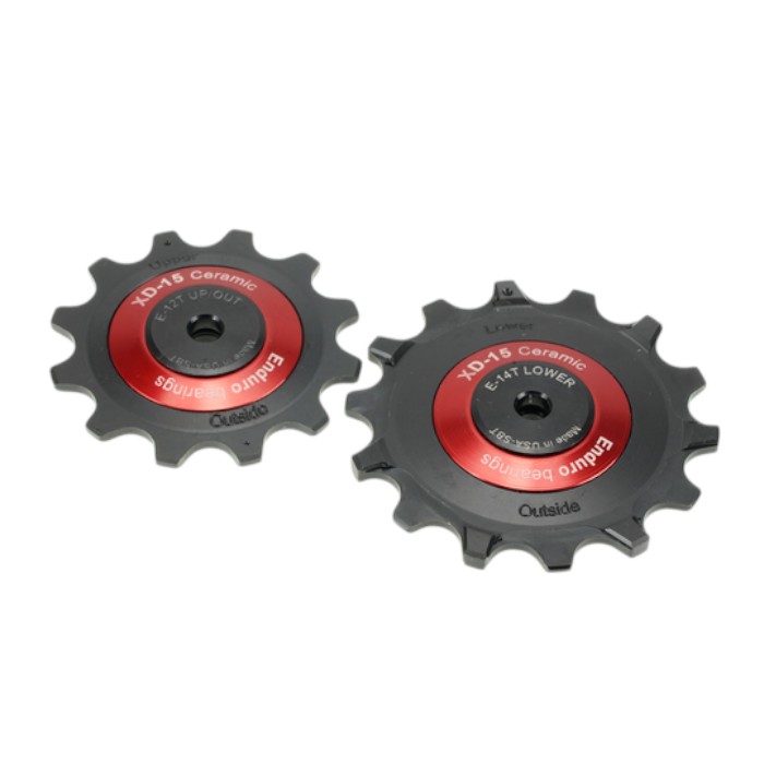 Enduro Bearing; 12/14 tooth, XD15 Ceramic Hybrid Bearing, Machined Delrin Derailleur Pulleys for 12 speed SRAM Eagle AXS Derailleurs (5mm bolt hole) - Red